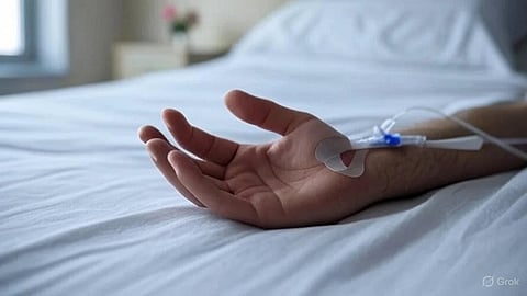 An image of a man's hand with IV inserted.