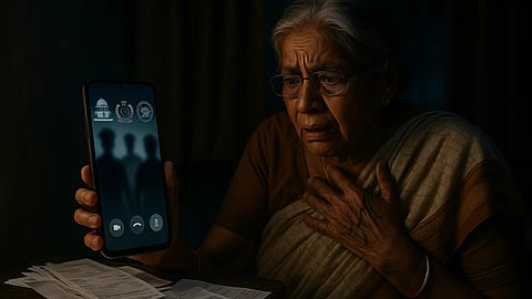 A woman seeming distressed at a phone call in the dark.