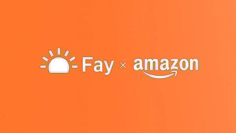 Image showing a collaboration between amazon and fay. Their symbols with an 'x' in between them in an orange background.