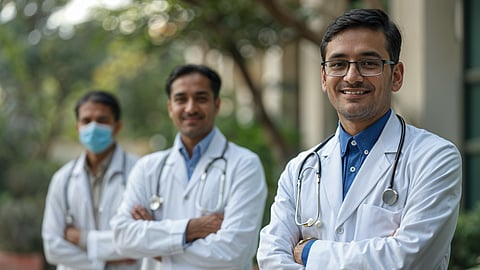 Three foreign medical graduates posing for a photo wearing white lab coats and stethoscope around their neck.