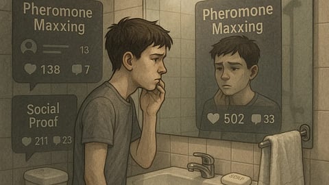 A teenage boy looking at the mirror and thinking whether to take a shower. 