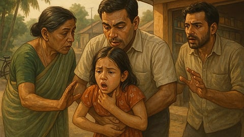 A girl being rescued by a few adults by Heimlich maneuver.