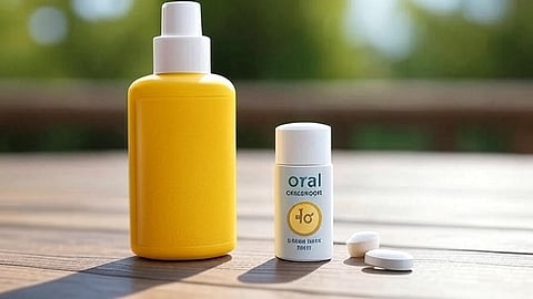 An image of a sunscreen lotion on left and sunscreen pills on right.
