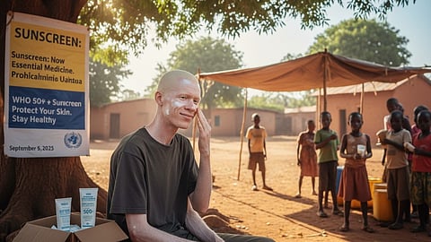 A smiling man with albinism applies sunscreen to his face while sitting outdoors near a sign that announces sunscreen is now an essential medicine.