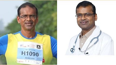 Images of Dr. Sudhir Kumar, in one image he is wearing a jersey and in another a doctor's white coat and stethoscope.