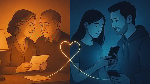 Images of an old couple and a young couple.