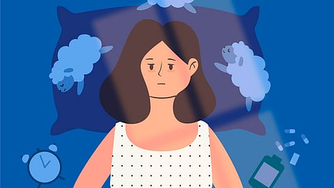 An illustration of a young woman lying awake on her bed.