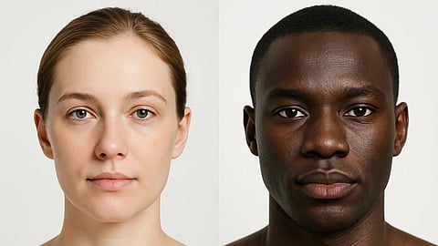 A collage of a fair skin and dark skin individuals on either sides.