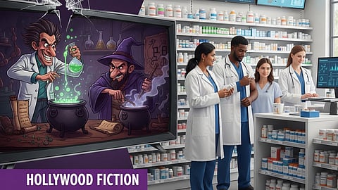 Hollywood’s fictional portrayal of pharmacists as mad scientists or potion-brewers contrasted with real pharmacists as healthcare professionals.