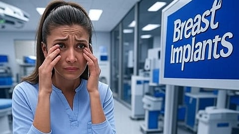 An image of s girl looking concerned and a board on left that says breast implants.