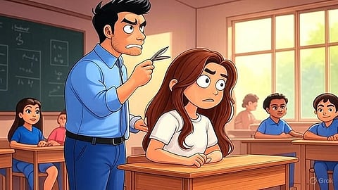 An image of a teacher cutting a student's hair