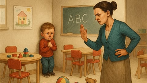 An AI image showing a teacher raising her hand against a boy standing in a corner in a classroom.