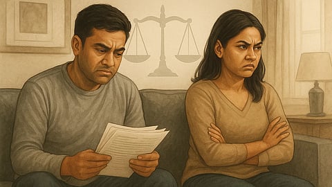 A couple sitting on a sofa, with the man looking at some papers and the woman sitting looking angry.