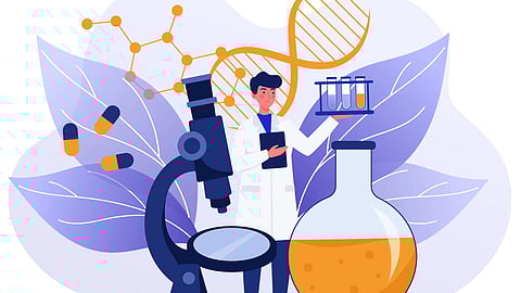 Graphics of scientist with microscope, test tubes, and DNA structure representing nanomaterial brain research.