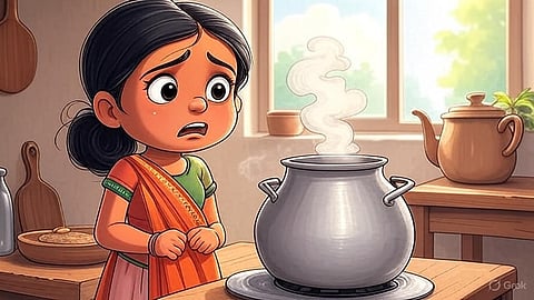 An image of a little girl looking scared in front of hot milk.