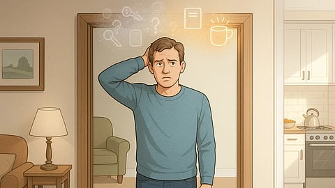 A man looking confused at a door. 