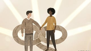 Graphical image of a couple on a path made in the shape of infinity.