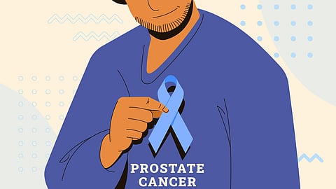 Graphics of prostate cancer depicting a man having with blue ribbon.