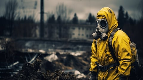 People in hazmat suits and masks at a nuclear power station