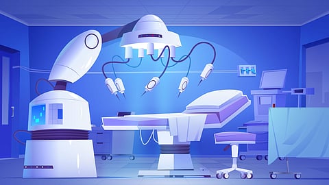 Surgical robot in an illustrated background. 