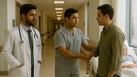 A bystander and a healthcare worker talking amicably with a doctor on their side.