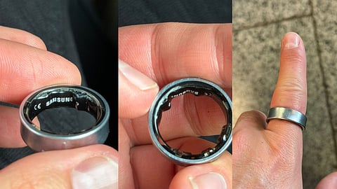 Samsung Galaxy Ring shown with a visibly swollen battery after being removed from Daniel Rotar’s finger at a Hawaii airport.