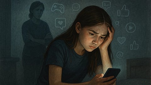 A teenage girl using mobile phone in the dark while her mother looking worried behind.