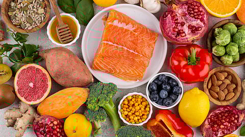 A variety of food items which is a source of Vitamin B12.