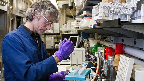 man in blue shirt dropping a specimen in a test tube in a lab