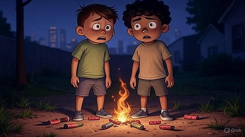 An image of 2 kids looking at fire crackers in a scared state.