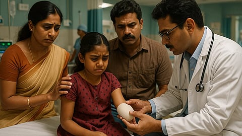 An AI image showing a doctor examining the amputed arm of a girl child while her parents are standing close to her in worry.