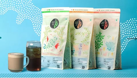 Image of packaging of Blue Tokai coffee packs and also a cup of iced coffee and hot coffee.