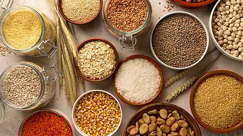 A variety of millets in bowls. 