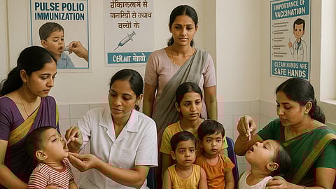 A healthcare center where many children are receiving oral polio vaccine.  