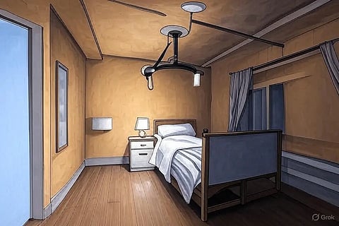 An image of a ceiling hoist in a room.