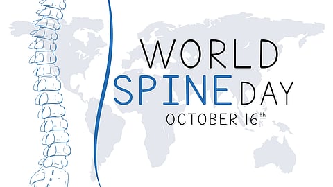 A poster saying 'world spine day' October 16 with a diagram of human vertebrae in a white background.