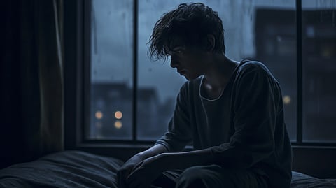 A teenage boy sitting on a bed gloomily by window side. 