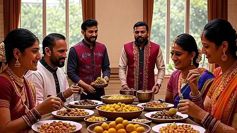 An image of a gathering of people eating sweets.