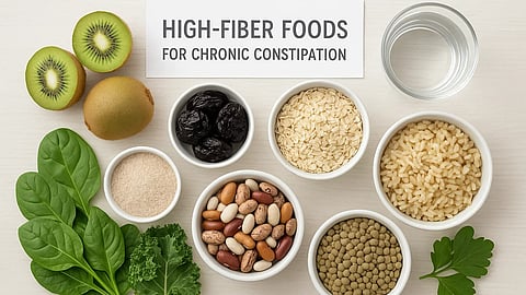 A variety of fibre rich foods for relieving constipation, like prunes, kiwi, psyllium etc.