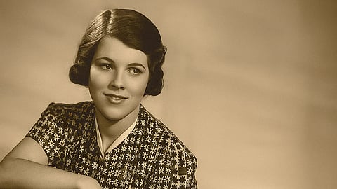 A portrait of Rosemary Kennedy in black and white. 