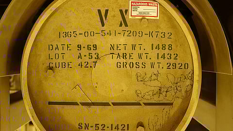 A yellow valve end of the last Newport TC before it is drained of nerve agent VX.