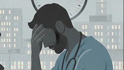 Graphical image of a doctor in distress due to long working hours.