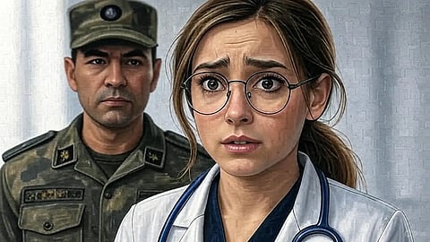An illustration of a female doctor and an army man.