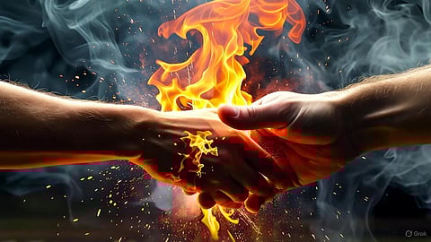 An image of two hands going for a handshake with an a blazing flame in between.