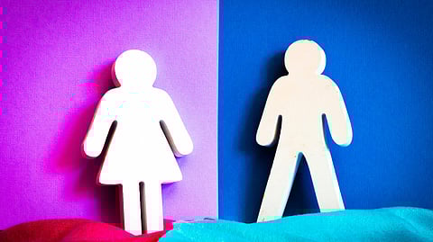 Graphical image showing a figure representing woman and other a man.