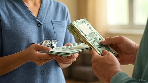 An image of a healthcare staff and a man exchanging money.