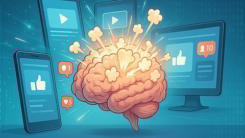 A graphical illustration of brain getting over stimulated and popping like popcorn. 