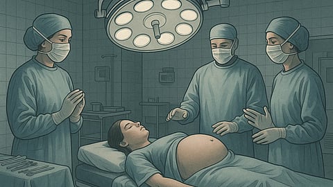 An AI illustration of a pregnant woman on the OT table with nurse and doctor around. 