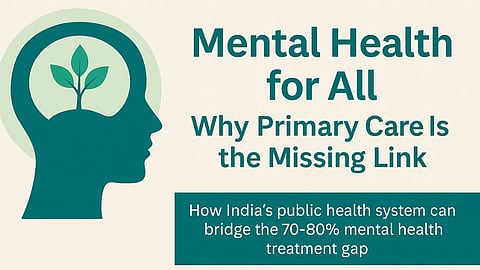 A minimal teal and beige banner for World Mental Health Day 2025 showing a human head silhouette with a plant growing inside, symbolizing mental well-being and growth. 