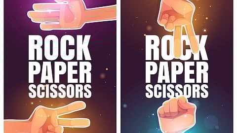Vector illustration of a banner featuring the game rock, paper, scissors.